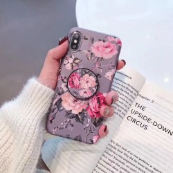 Modeskal med ringhållare till iPhone XR i rosa blommor i grått