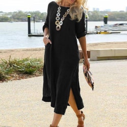 Kvinnor Roll Tab Sleeve Long Dress Solid Summer Beach Sundress Black XL