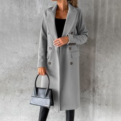 Kvinnor Enfärgad Lapel Collar Overcoats Dubbelknäppt jacka Light Grey 2XL