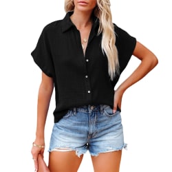 Kortärmade toppar för kvinnor med lapelhalsade skjortor Black L