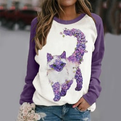 Kvinnor långärmad printed T-shirt Color Block Tunic Pullover Cat S