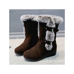 Kvinnor Vinter Varm Mid Calf Snow Boots Pälsfodrade Kilklack Boots Dark Brown,40