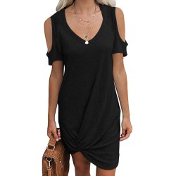kvinnor miniklänning sommar v-ringad kortärmade klänningar twist knut Black XL