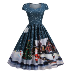 Dam Santa Print V-hals Snowflake Printed Christmas Long Dress Navy Blue XL