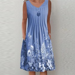 Dam V-ringad midiklänning ärmlösa tankklänningar 1# Blue XL