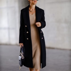 Kvinnor enfärgad ullärtkappa långärmad skåra lapel ytterkläder Black XL