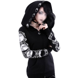 Kvinnor Gothic Moon Print Sweatshirt Front Zip Hooded Neck Hoodies Black-A L