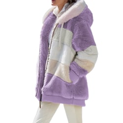 Vinterfleeceplyschrock för kvinnor, lös långärmad huvjacka, modefärgad tröja lila L