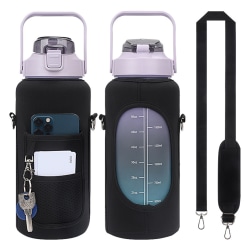 2L vattenflaska med hylsa Mobilhållare, stor vattenflaska med sugrör för gym löpning camping träning svart