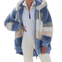 Vinterfleeceplyschrock för kvinnor, lös långärmad huvjacka, modefärgad tröja blå M