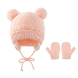 IC 2 st stickade mössor för barn + handskar enfärgad varm vintermössa (rosa)
