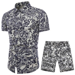 Tvådelad träningsoverall för män, blommig hawaiisk skjorta med kortärmade skjortor och shorts Grey L