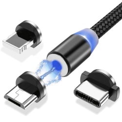 Magnetisk Laddare 3i1 iPhone Lightning/USB-C/Micro-USB 2.4A 1M Svart