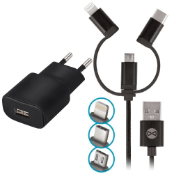 3i1 Laddare iPhone/Samsung USB-C/Lightning/Micro-USB Svart