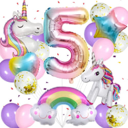 Unicorn födelsedagsdekorationer för flickor, 21st Unicorn ballonger set med enhörning, regnbåge, hjärta, stjärna, latex ballonger och nummer 5 ballong (nummer 5)