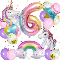 Unicorn födelsedagsdekorationer för flickor, 21st Unicorn ballonger set med enhörning, regnbåge, hjärta, stjärna, latex ballonger och nummer 6 ballong (nummer 6)