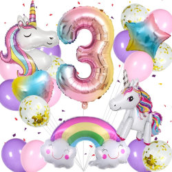 Unicorn födelsedagsdekorationer för flickor, 21st Unicorn ballonger set med enhörning, regnbåge, hjärta, stjärna, latex ballonger och nummer 3 ballong (nummer 3)