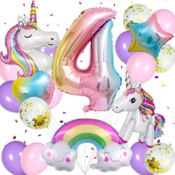 Unicorn födelsedagsdekorationer för flickor, 21st Unicorn ballonger set med enhörning, regnbåge, hjärta, stjärna, latex ballonger och nummer 4 ballong (nummer 4)