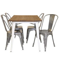 Plåt matt vit med toppskiva i alm + 4 galvaniserade stolar