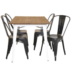 Plåt matt vit med toppskiva i alm samt 4 matt svarta stolar flerfärgad