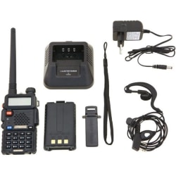 Baofeng UV-5R Walkie Talkie FM VHF/UHF-radio med dobbeltbånd, skjerm, standby og innebygd klokke (headset lagt til, svart)
