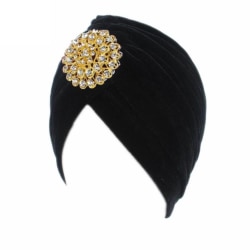 Lyxig turban i sammet och stor brosch diamanter strass mössa Black one size