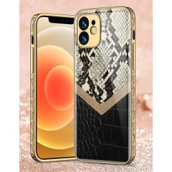 iPhone 12 Pro lyxigt glas-skal mönster guld barock läder ormskin Svart one size