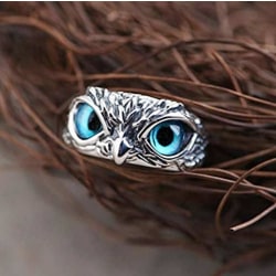 Ring med store blå øjne sølvuglefalk justerbar Silver one size