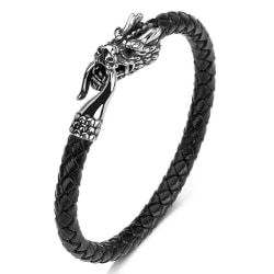 Håndlaget armbånd med drage i sølv ekte skinn i sort Black one size