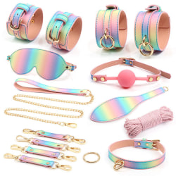8 kpl Full Set Slave Leather Bondage Kit Rainbow Kaulus Blindfol