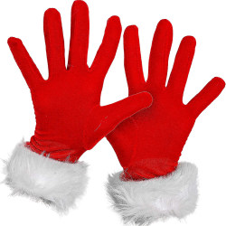 Röda pälskostymhandskar - Röda sammetshandskar med vita lurviga muddar för dam- och barndräkttillbehör.