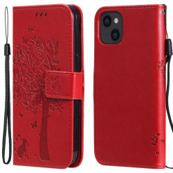 iPhone 13 - Tryckt Träd/Katt Design Fodral - Röd