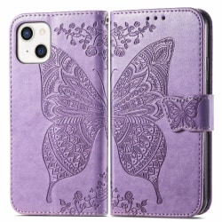 iPhone 13 - Butterfly Print Läder Fodral - Lila