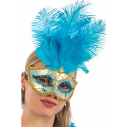 Ansiktsmask - Blue Venetian mask with gold , glitter and feather multifärg