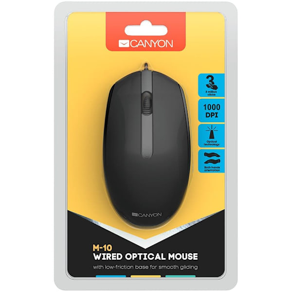 CANYON M-10, Canyon Wired optical mouse with 3 buttons, DPI 1000, with 1.5M USB cable, black, 65*115*40mm, 0.1kg