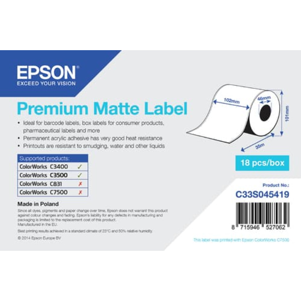 Premium Matte Label - Continuous Roll: 102mm x 35m