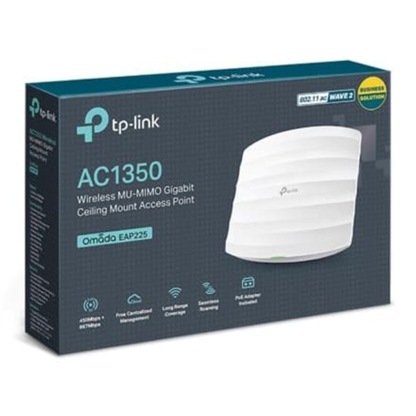 TP-LINK | Access Point | EAP225 | 802.11ac | 2.4GHz/5GHz | 450+867 Mbit/s | 10/100/1000 Mbit/s | Ethernet LAN (RJ-45) ports 1 | MU-MiMO Yes | PoE in |