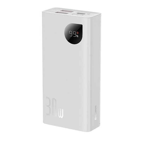 Baseus Power Bank Adaman2 with Digital display, C+U+U, PD 3.0, QC 3.0, 30W, 10000 mAh, with Type-C cable (0.3m), White (PPAD080002)