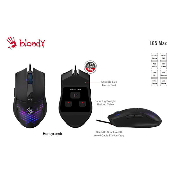 A4Tech BLOODY A4TMYS47113 L65 MAX RGB Honeycomb (Activated) mouse USB Type-A Optical 12 000 DPI
