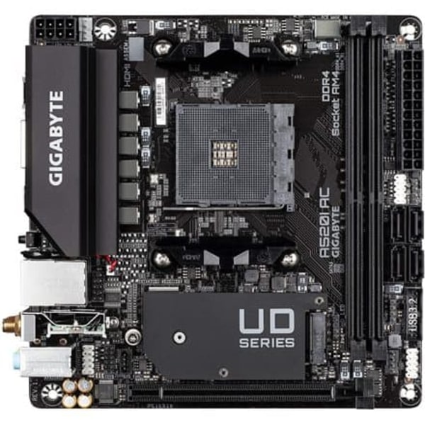 GIGABYTE A520I AC Motherboard - Supports AMD Ryzen 5000 Series AM4 CPUs, 6 Phases Digital VRM, up to 5300MHz DDR4 (OC), 1xPCIe 3.0 M.2, WIFI, GbE LAN,