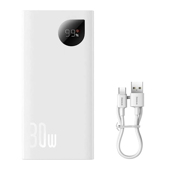 Baseus Power Bank Adaman2 with Digital display, C+U+U, PD 3.0, QC 3.0, 30W, 10000 mAh, with Type-C cable (0.3m), White (PPAD080002)