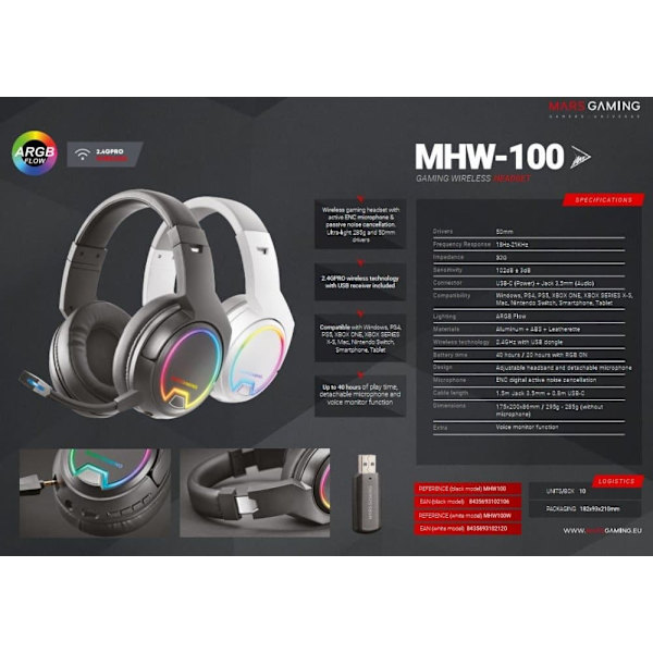 Mars Gaming MHW-100 Wireless 2.4GHz Gaming Headset with Microphone USB-C / ARGB Flow