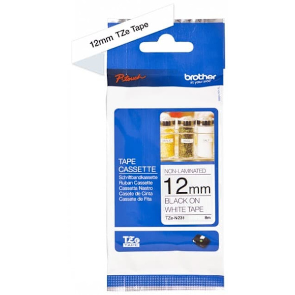 BROTHER TZEN231 12mm BLACK ON WHITE ADHESIVE TAPE NON LAMINATED