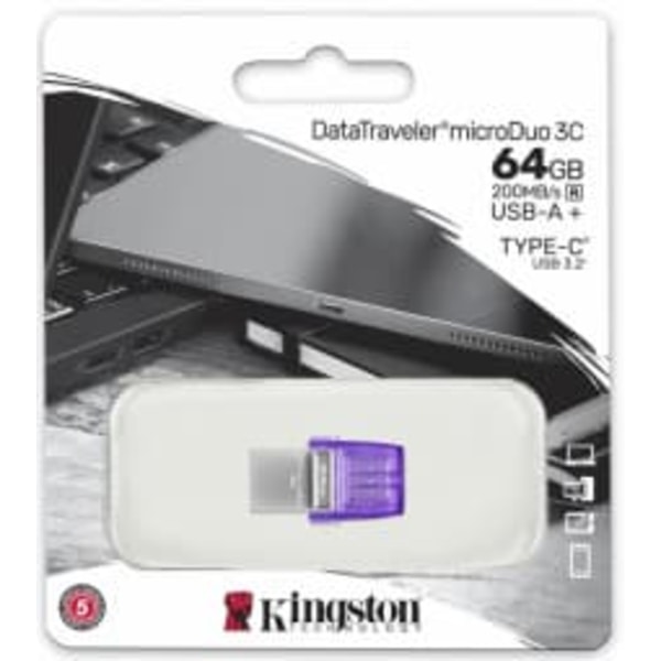 Kingston Technology DataTraveler 64GB microDuo 3C 200MB/s dual USB-A + USB-C Lilla, Rustfritt stål