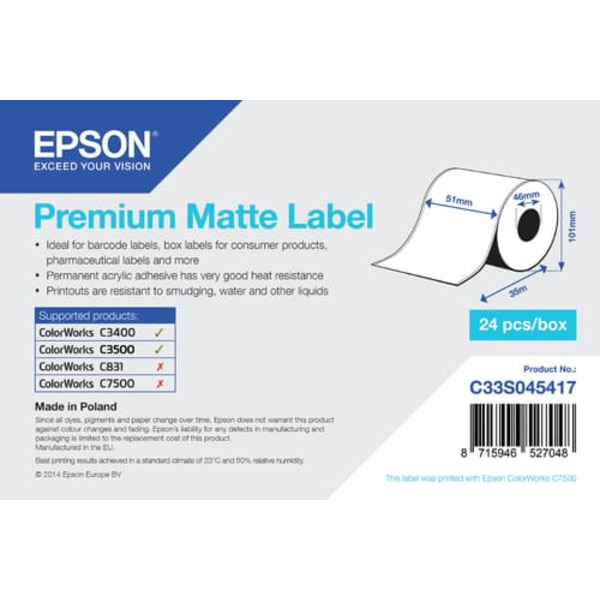 Premium Matte Label - Continuous Roll: 51mm x 35m