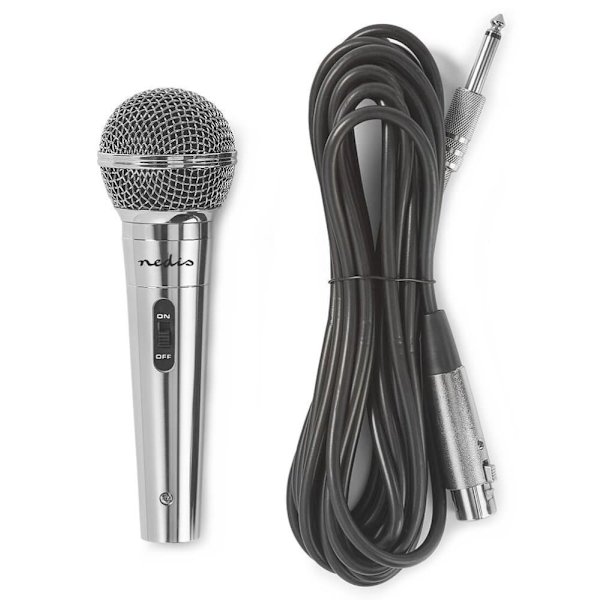 NEDIS kabelový mikrofon/ Kardioid/ odnímatelný kabel 5m/ 600 Ohm/ -72 dB/ jack 6.35 mm/ vypínač/ kov/ stříbrný
