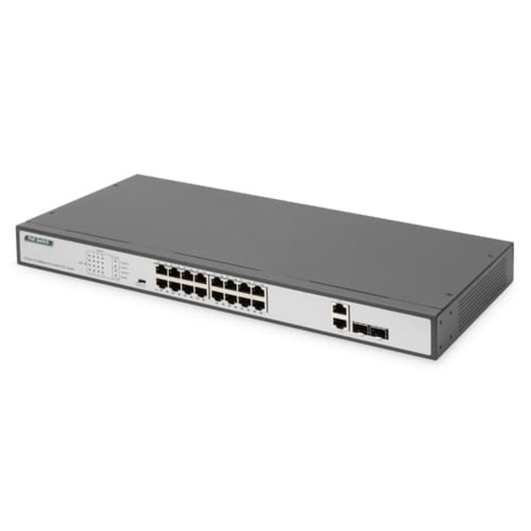 DIGITUS Switch DN-95342-1 - 16 Ports - 16x GE (10/100/1000) - 2x SFP - 16x PoE Sort, Sølv