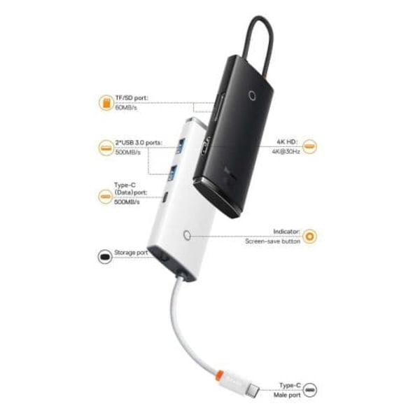 Baseus Lite Series Hub 6w1 USB-C to 2x USB 3.0 + USB-C + HDMI + SD/TF (black)