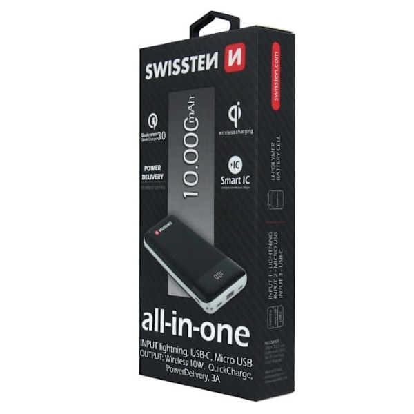 Swissten All In One Power Bank 3A / PD / QC 3.0 / Wireless 10W / USB / USB-C / 10000 mAh