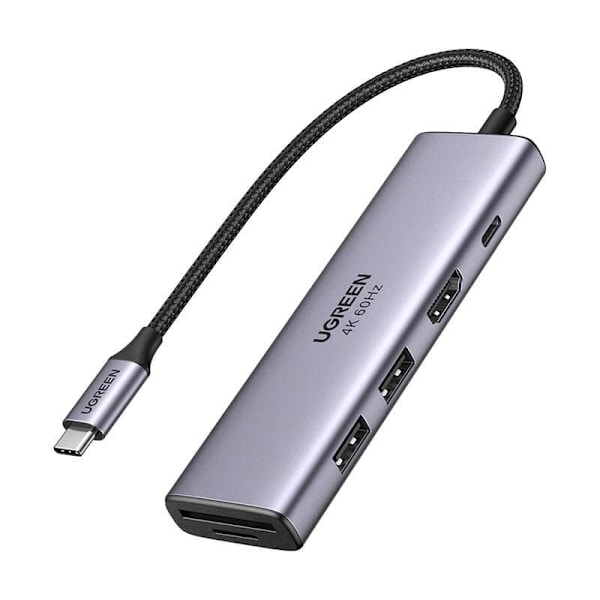 DOCKING Station Ugreen, "CM511" conectare PC USB Type-C, USB 3.0 x 2|HDMI x 1/4K/60Hz|Card reader x 1|USB Type C x 1 PD 100W, aluminiu, gri "60384" (t
